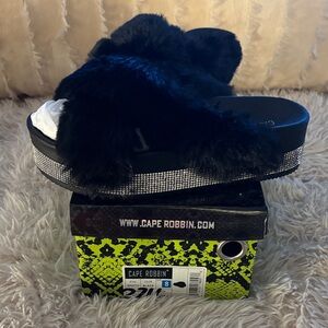 Cape Robbin Black Fur Slides with Rhinestone Trim